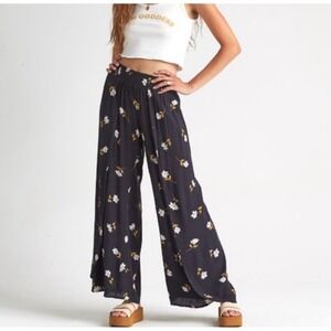 Billabong Women Black Floral Slit Wrap Pants Wide Leg Black Size XS Comfy Beachy